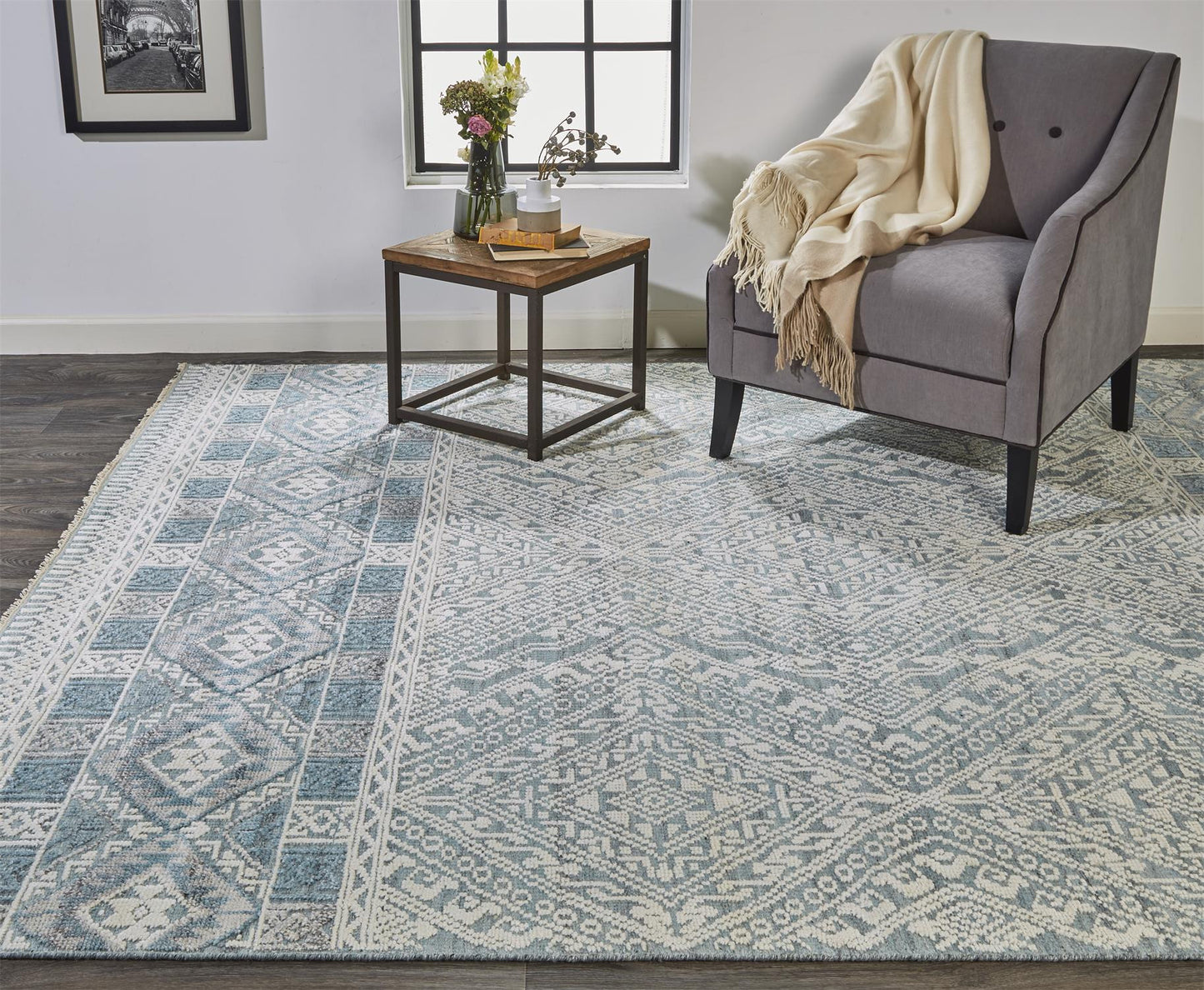 10' X 13' Ivory Blue And Gray Geometric Hand Knotted Area Rug