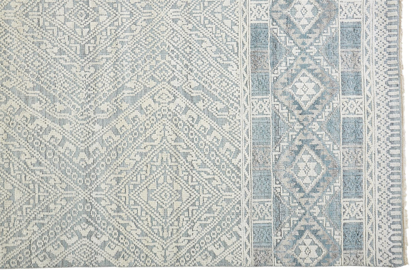 10' X 13' Ivory Blue And Gray Geometric Hand Knotted Area Rug