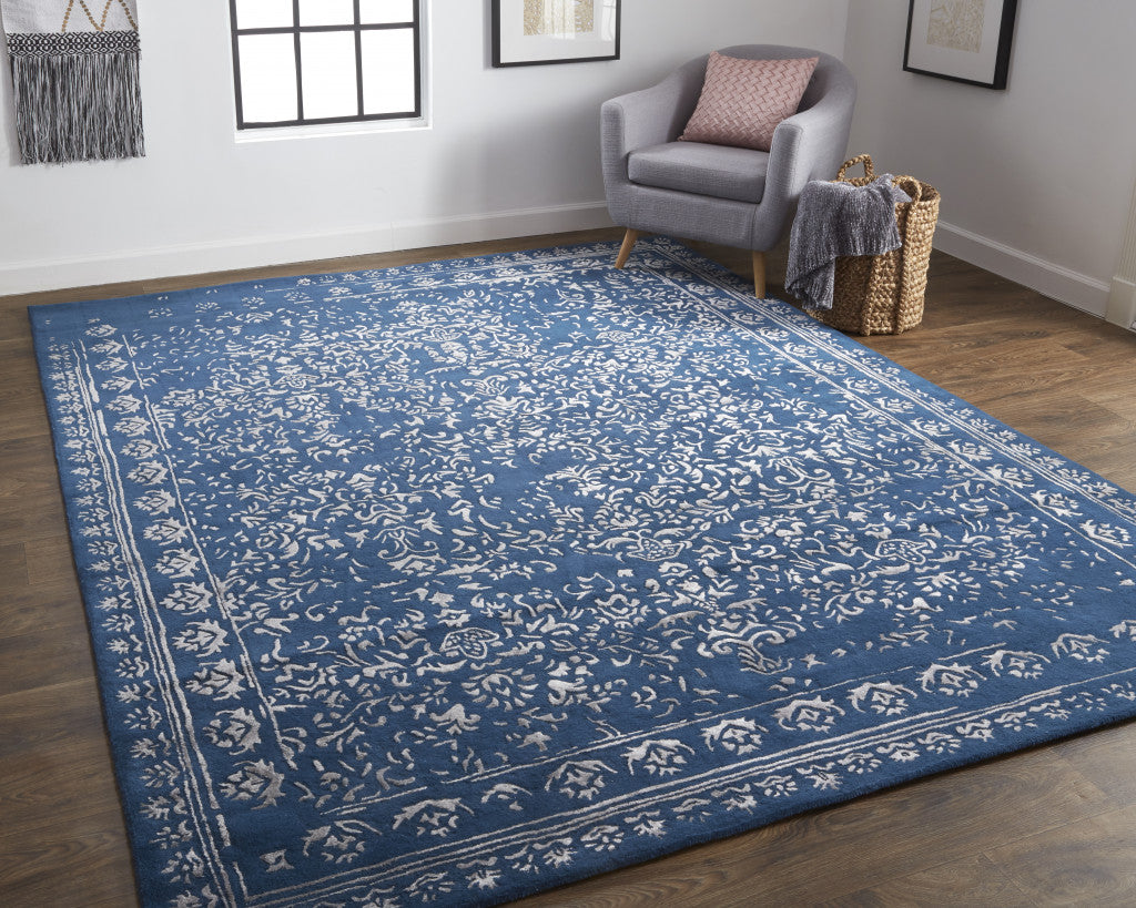 10' X 14' Blue And Silver Wool Floral Tufted Handmade Distressed Area Rug