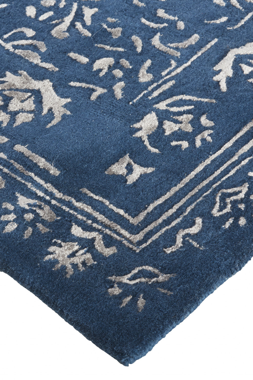 10' X 14' Blue And Silver Wool Floral Tufted Handmade Distressed Area Rug