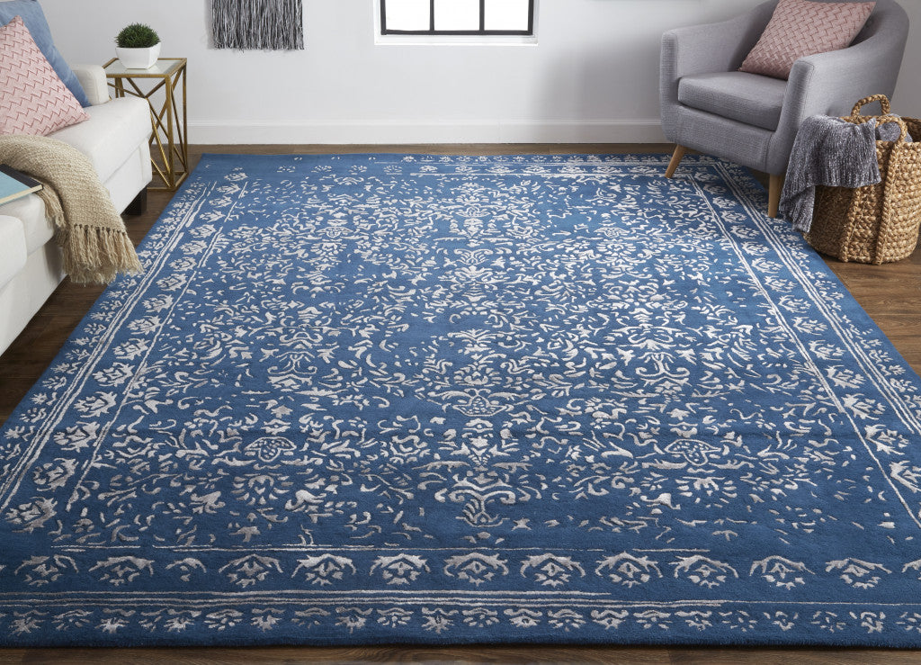 10' X 14' Blue And Silver Wool Floral Tufted Handmade Distressed Area Rug