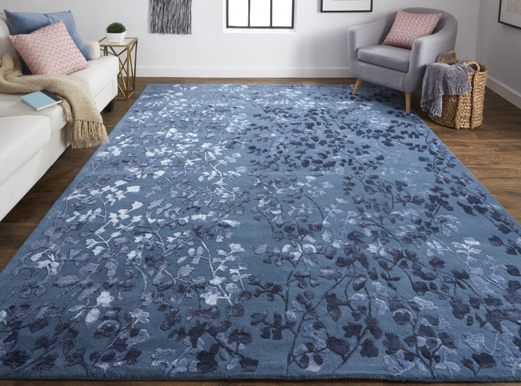 10' X 14' Blue Wool Floral Tufted Handmade Area Rug