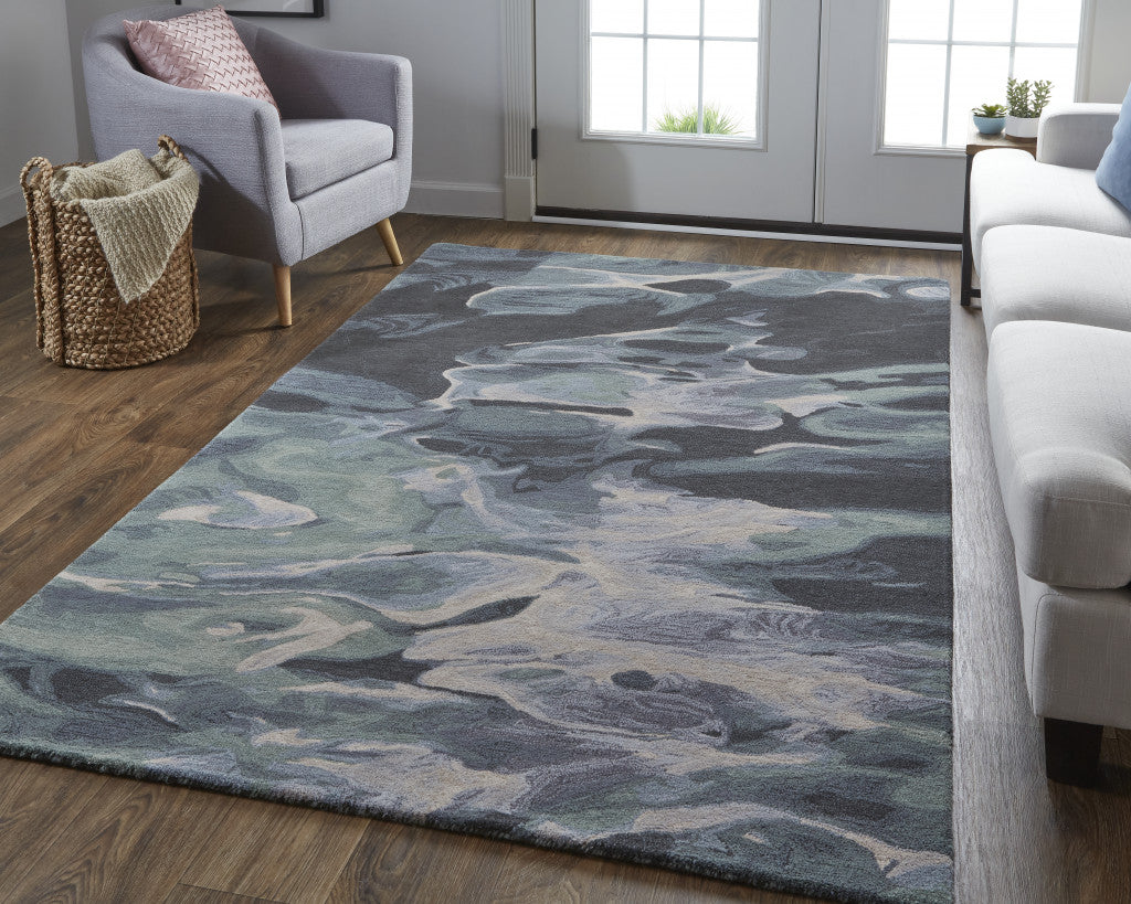 10' X 14' Green Blue And Black Wool Abstract Tufted Handmade Stain Resistant Area Rug