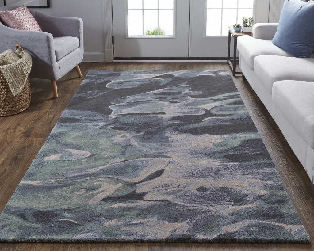 10' X 14' Green Blue And Black Wool Abstract Tufted Handmade Stain Resistant Area Rug