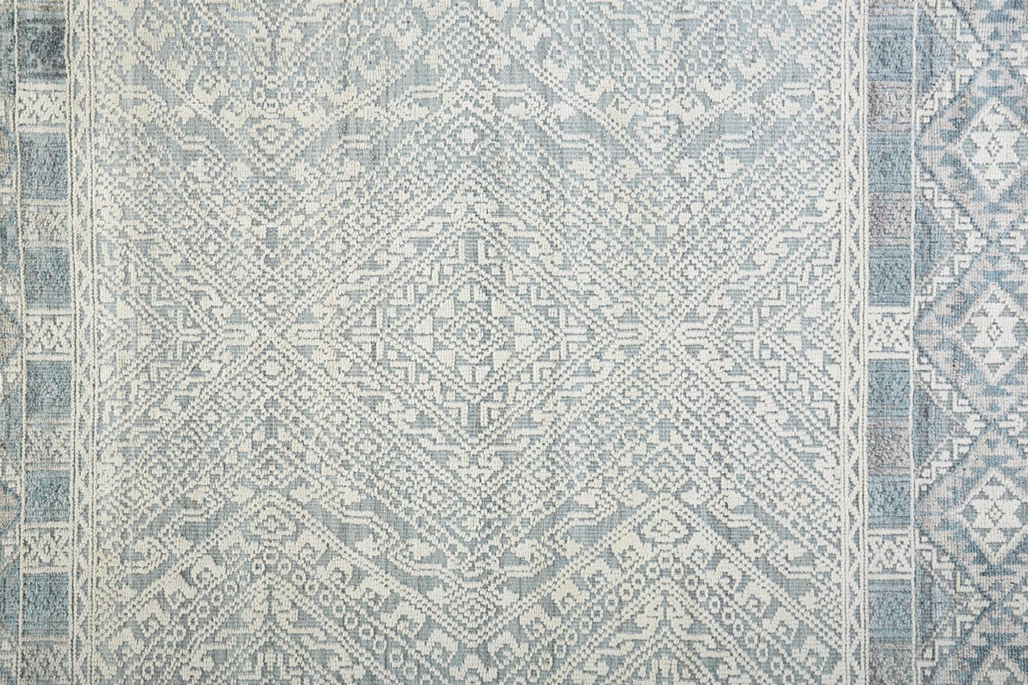 12' X 15' Ivory Blue And Gray Geometric Hand Knotted Area Rug