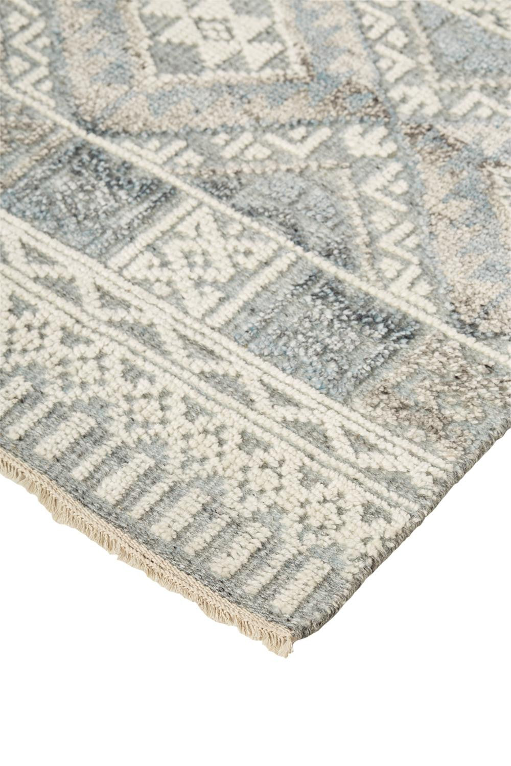 12' X 15' Ivory Blue And Gray Geometric Hand Knotted Area Rug