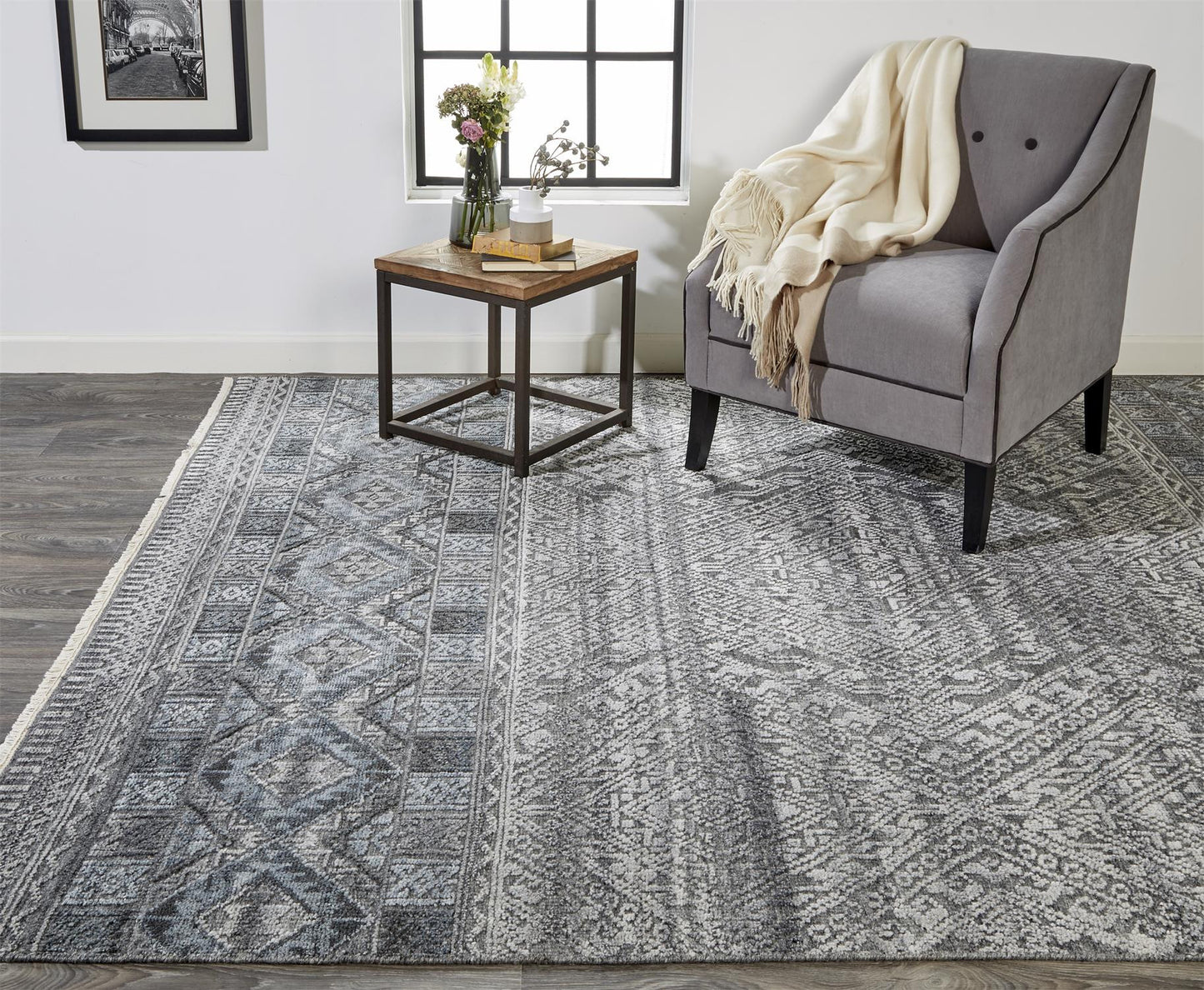 10' X 13' Gray Ivory And Blue Geometric Hand Knotted Area Rug