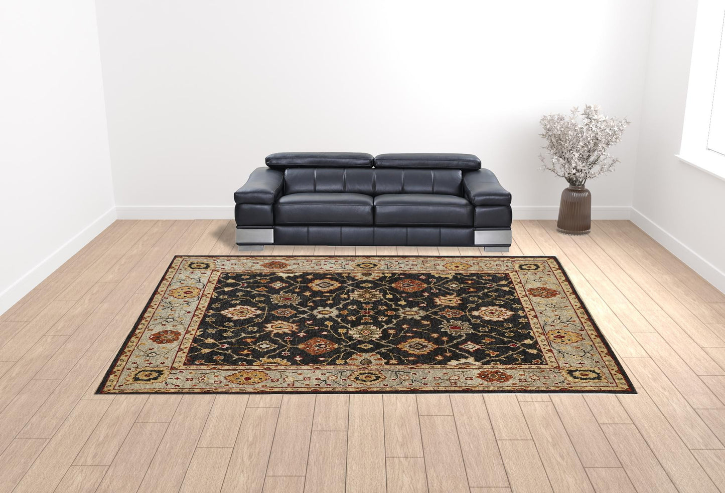 12' X 15' Black Gold And Gray Wool Floral Hand Knotted Stain Resistant Area Rug With Fringe