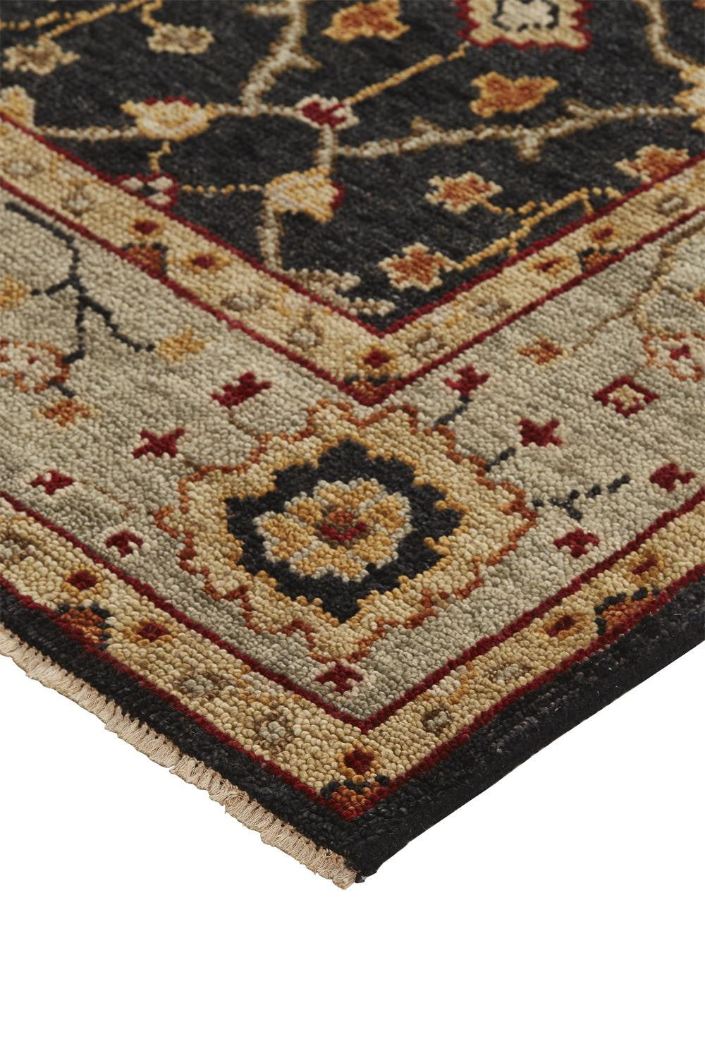 12' X 15' Black Gold And Gray Wool Floral Hand Knotted Stain Resistant Area Rug With Fringe