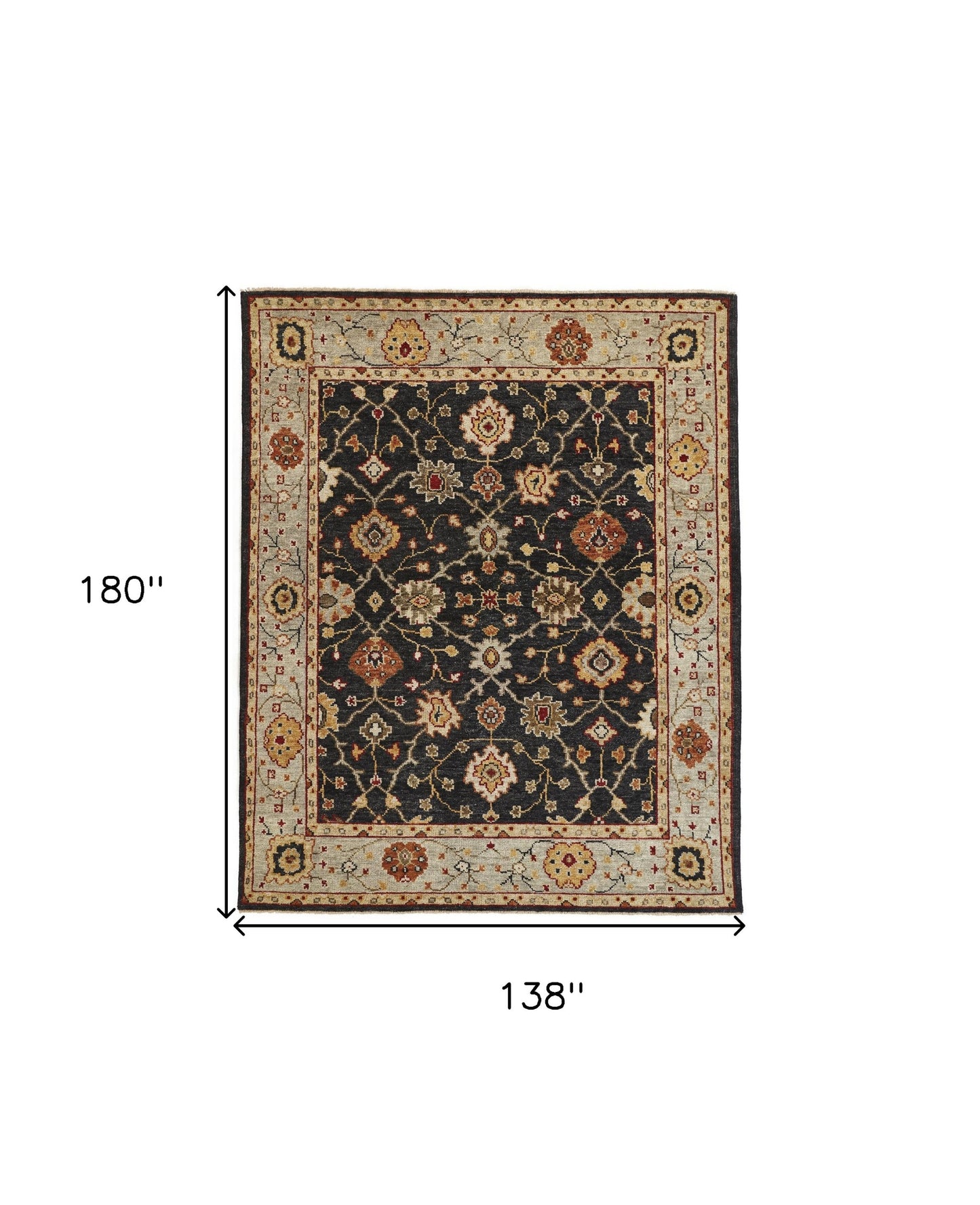 12' X 15' Black Gold And Gray Wool Floral Hand Knotted Stain Resistant Area Rug With Fringe