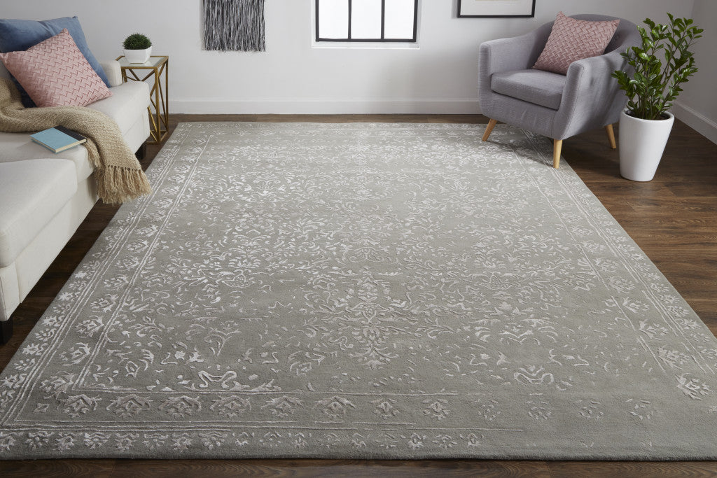 10' X 14' Gray Taupe And Silver Wool Floral Tufted Handmade Distressed Area Rug