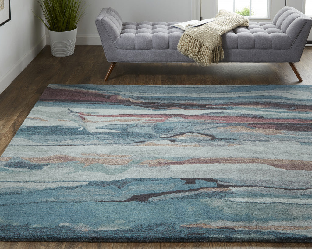 10' X 14' Blue Red And Ivory Wool Abstract Tufted Handmade Stain Resistant Area Rug