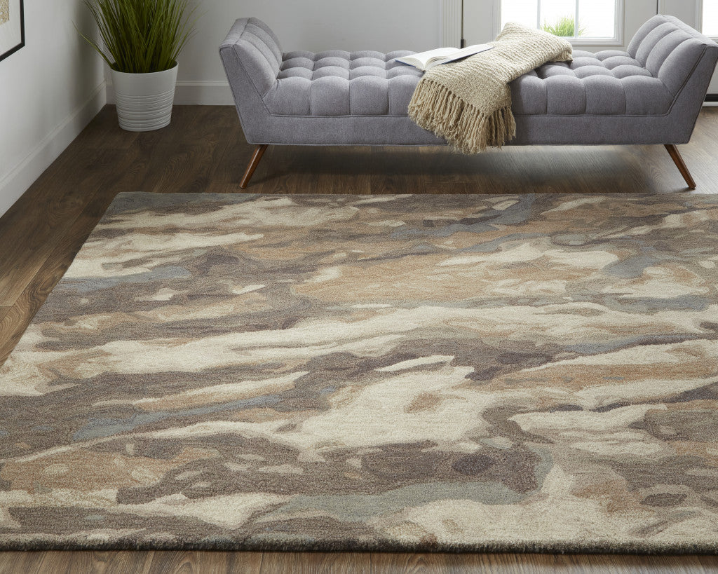 10' X 14' Brown Gray And Tan Wool Abstract Tufted Handmade Stain Resistant Area Rug