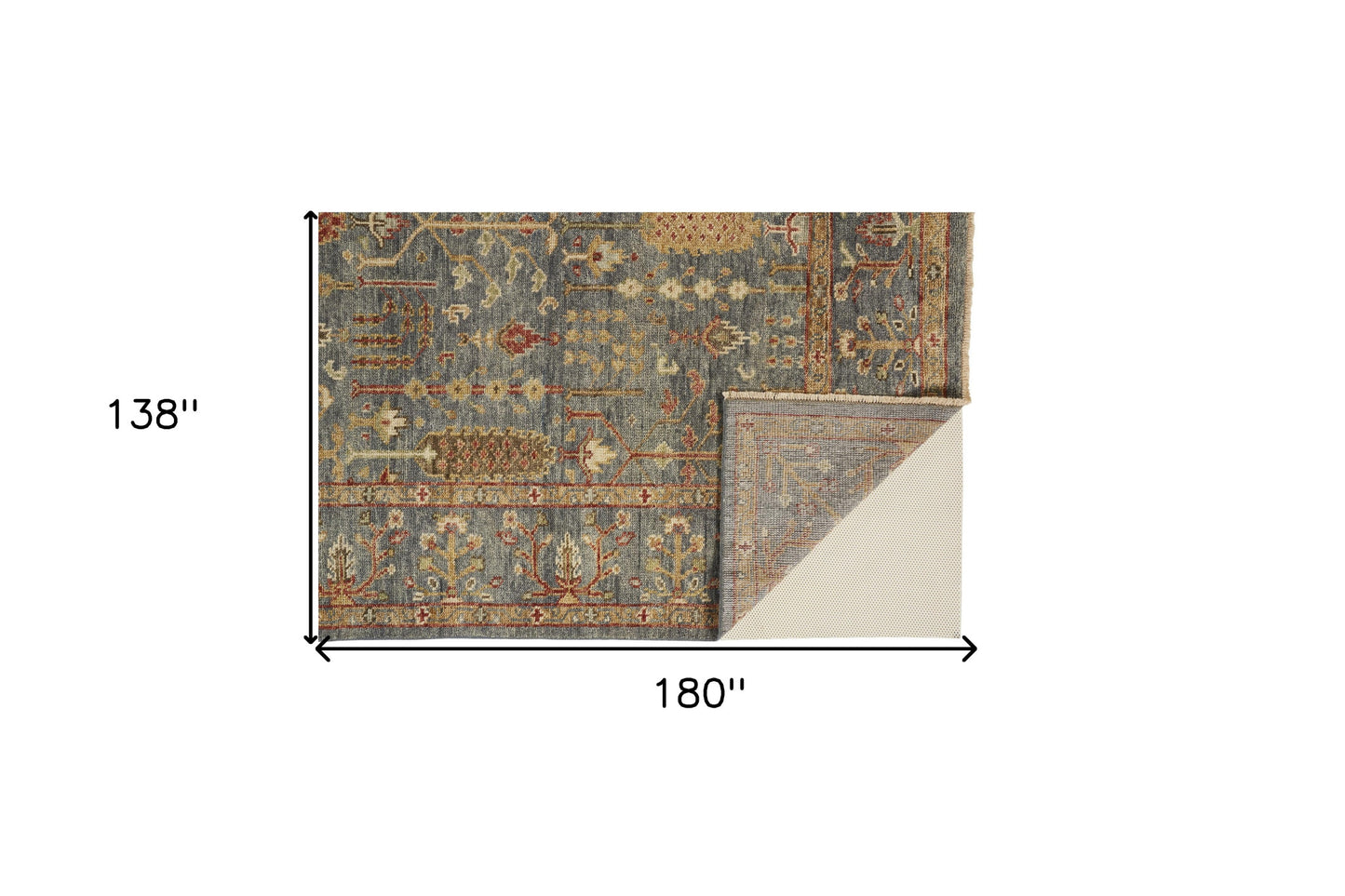 12' X 15' Gray Gold And Red Wool Floral Hand Knotted Stain Resistant Area Rug With Fringe