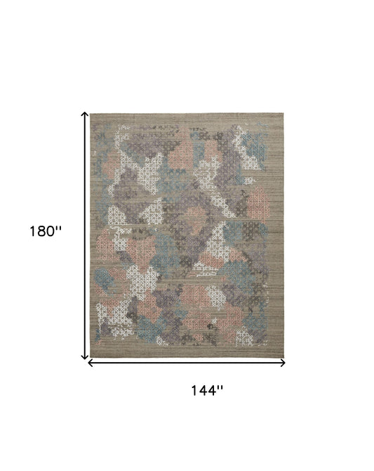 12' X 15' Pink Blue And Taupe Abstract Hand Woven Distressed Area Rug