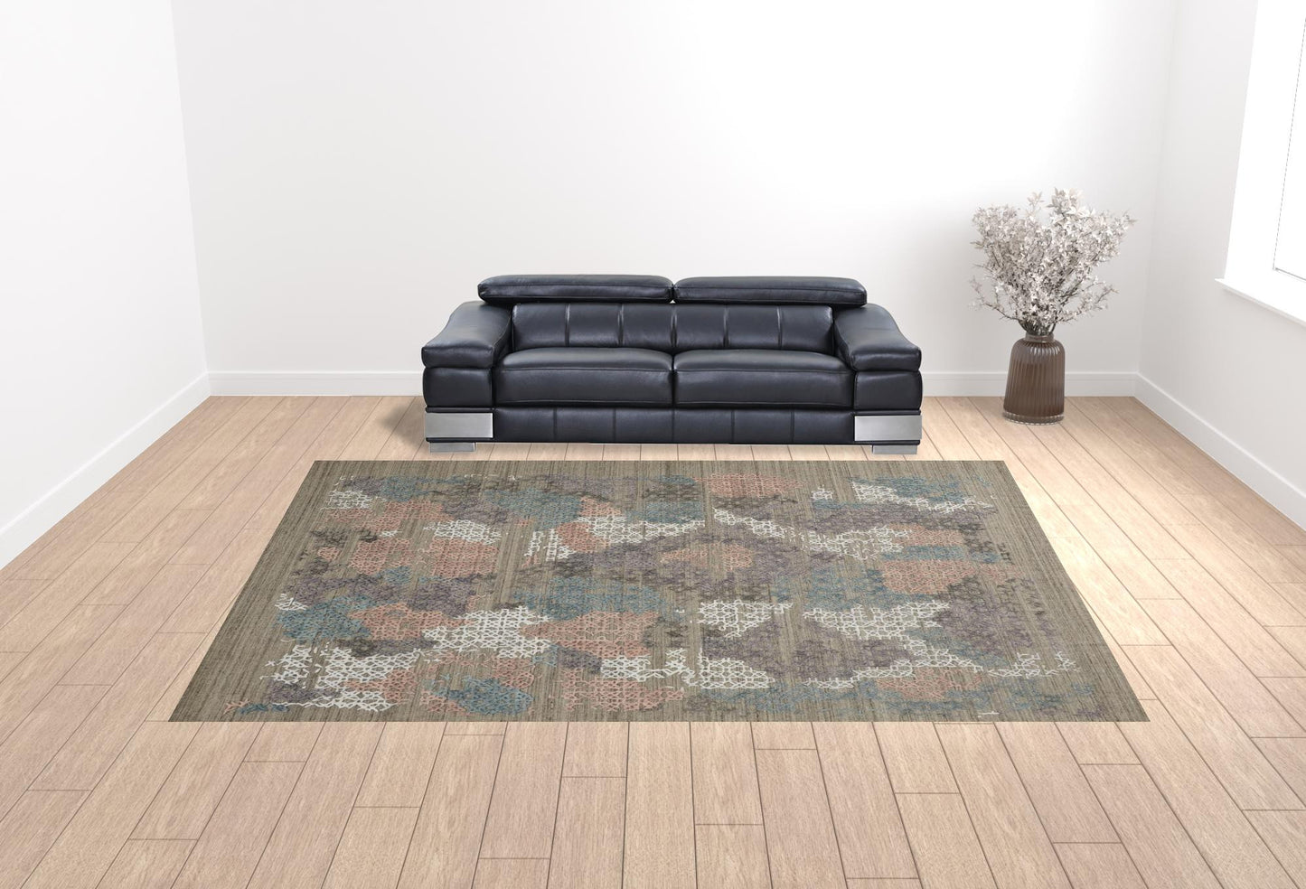 12' X 15' Pink Blue And Taupe Abstract Hand Woven Distressed Area Rug