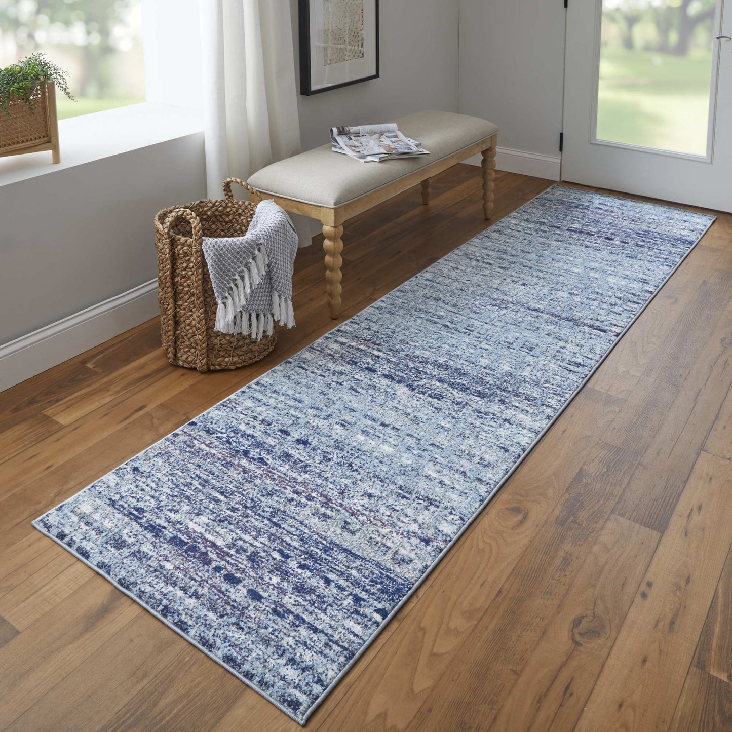 10' Blue and Ivory Abstract Power Loom Runner Rug