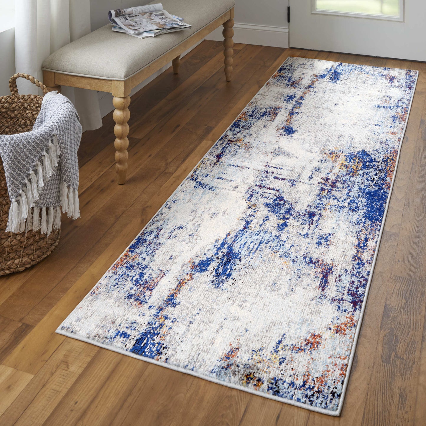 10' Ivory and Blue Abstract Power Loom Distressed Runner Rug