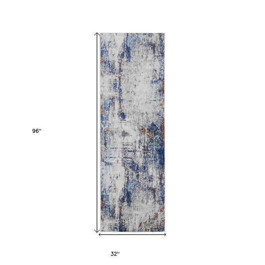 8' Ivory and Blue Abstract Power Loom Distressed Runner Rug