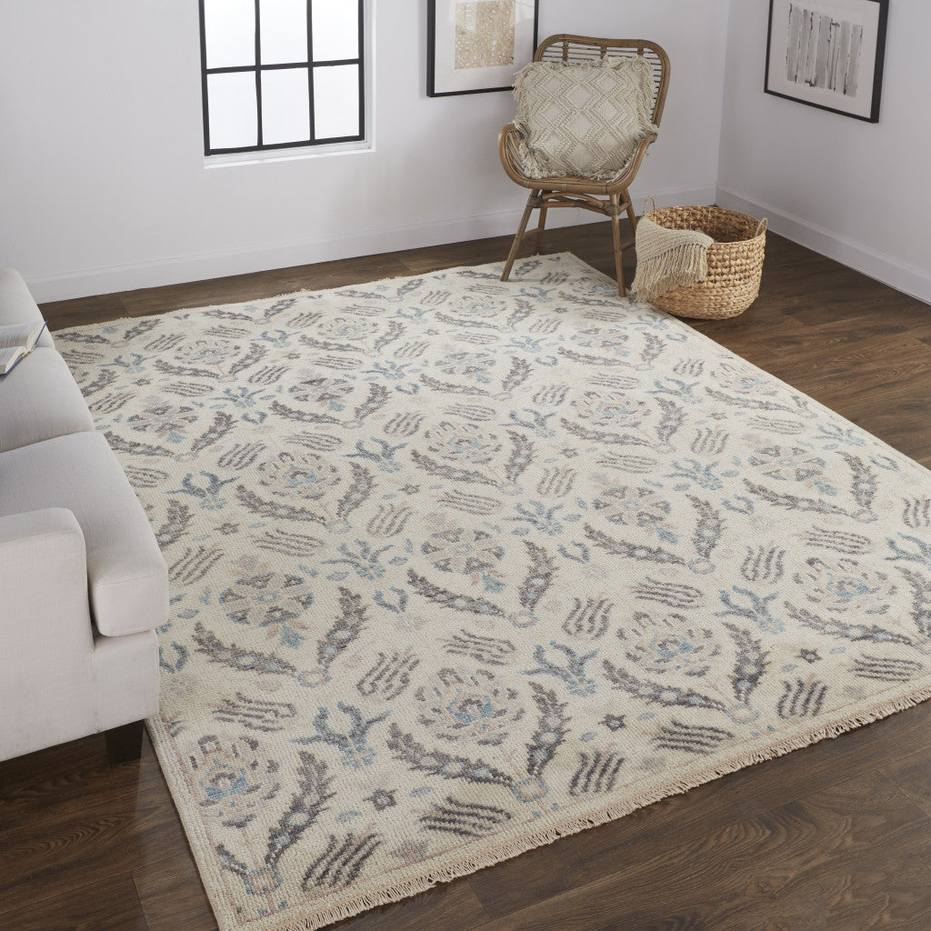 10' X 13' Ivory Gray And Blue Wool Floral Hand Knotted Stain Resistant Area Rug