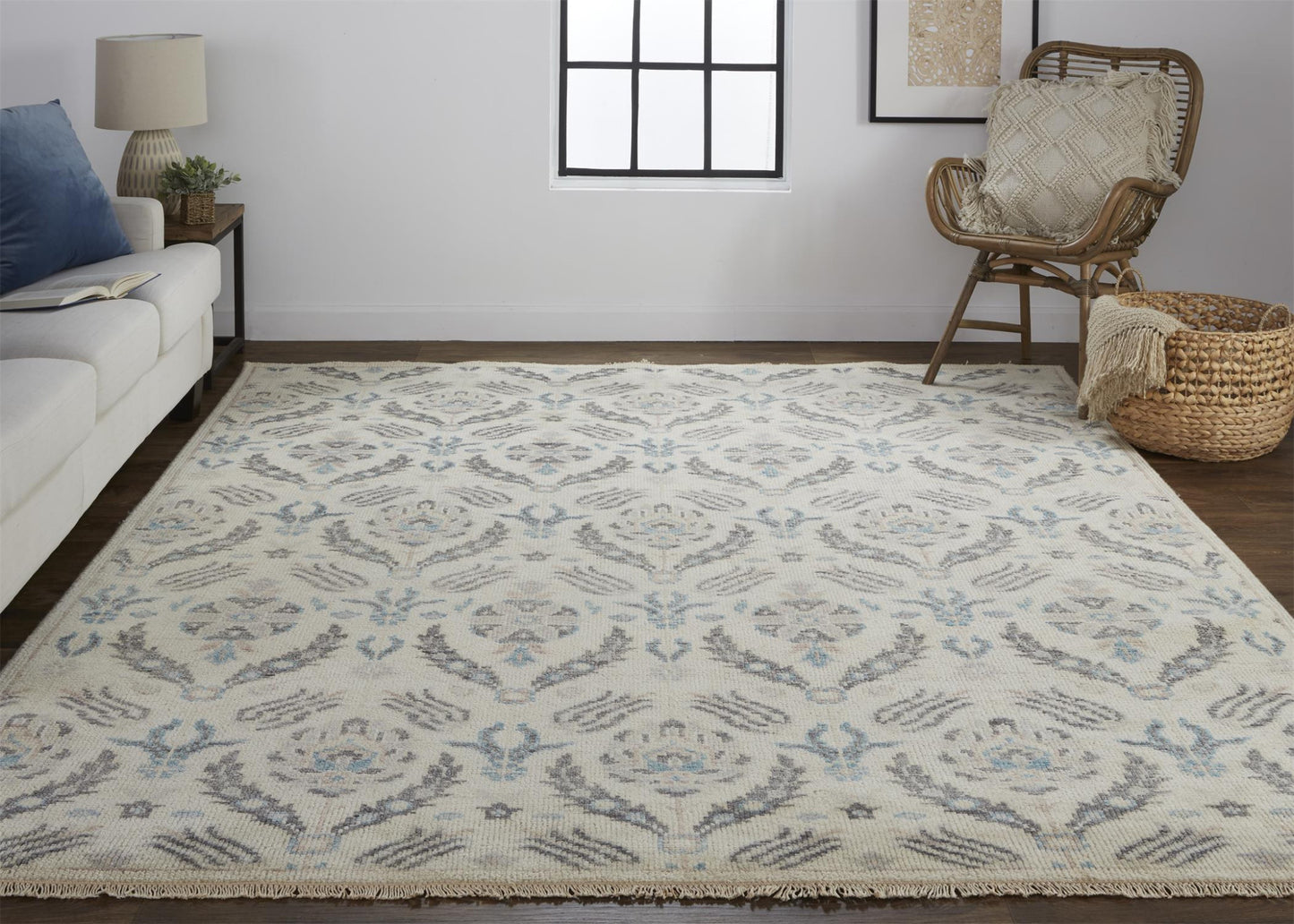 10' X 13' Ivory Gray And Blue Wool Floral Hand Knotted Stain Resistant Area Rug