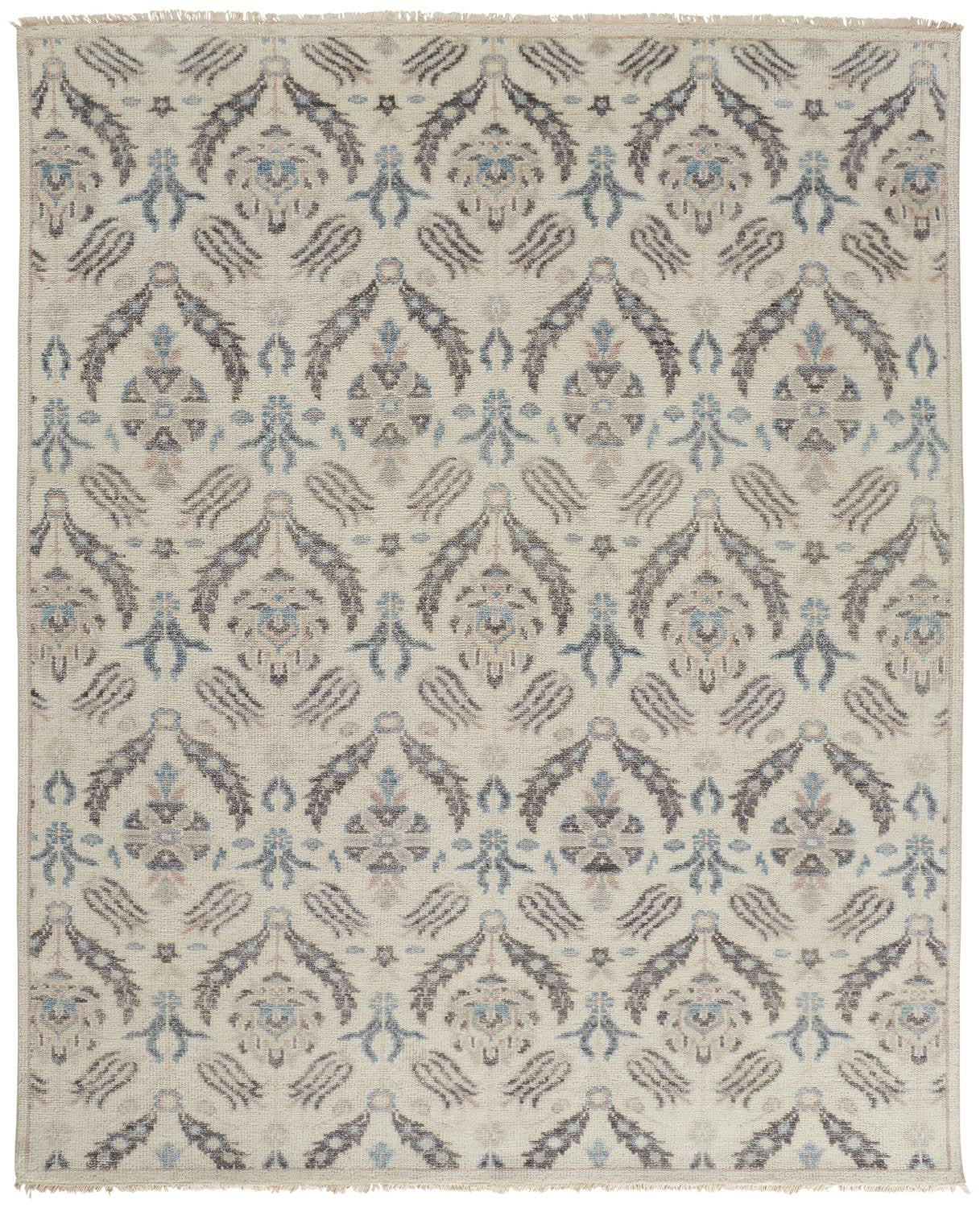 10' X 13' Ivory Gray And Blue Wool Floral Hand Knotted Stain Resistant Area Rug