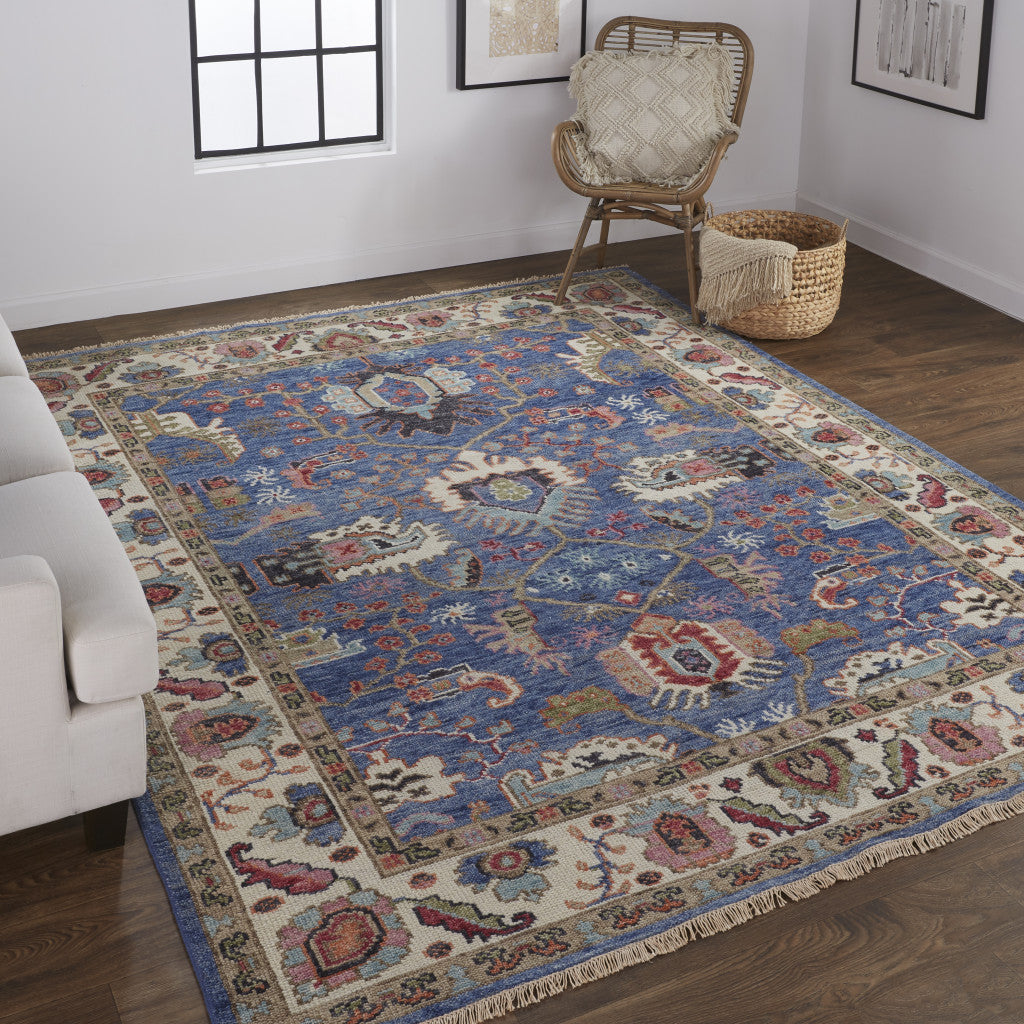 12' X 15' Blue And Red Wool Floral Hand Knotted Stain Resistant Area Rug