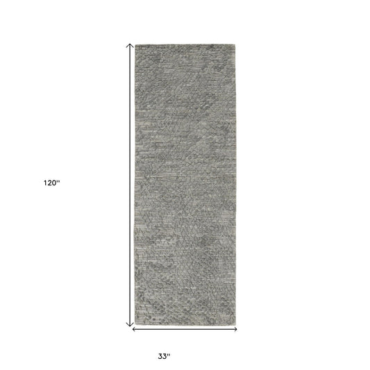 10' Gray Abstract Hand Woven Runner Rug