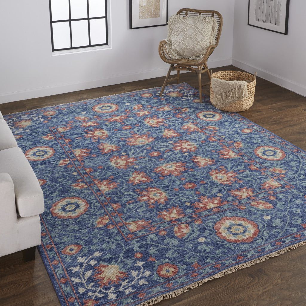 12' X 15' Blue And Red Wool Floral Hand Knotted Stain Resistant Area Rug