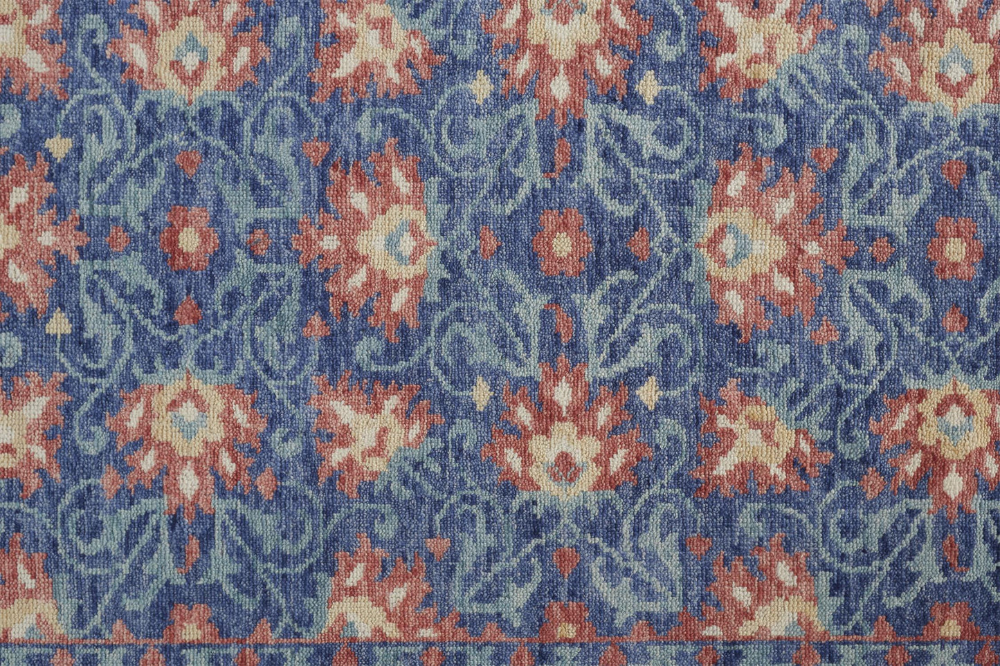 12' X 15' Blue And Red Wool Floral Hand Knotted Stain Resistant Area Rug