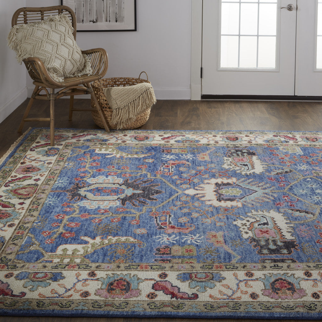 10' X 13' Blue And Red Wool Floral Hand Knotted Stain Resistant Area Rug