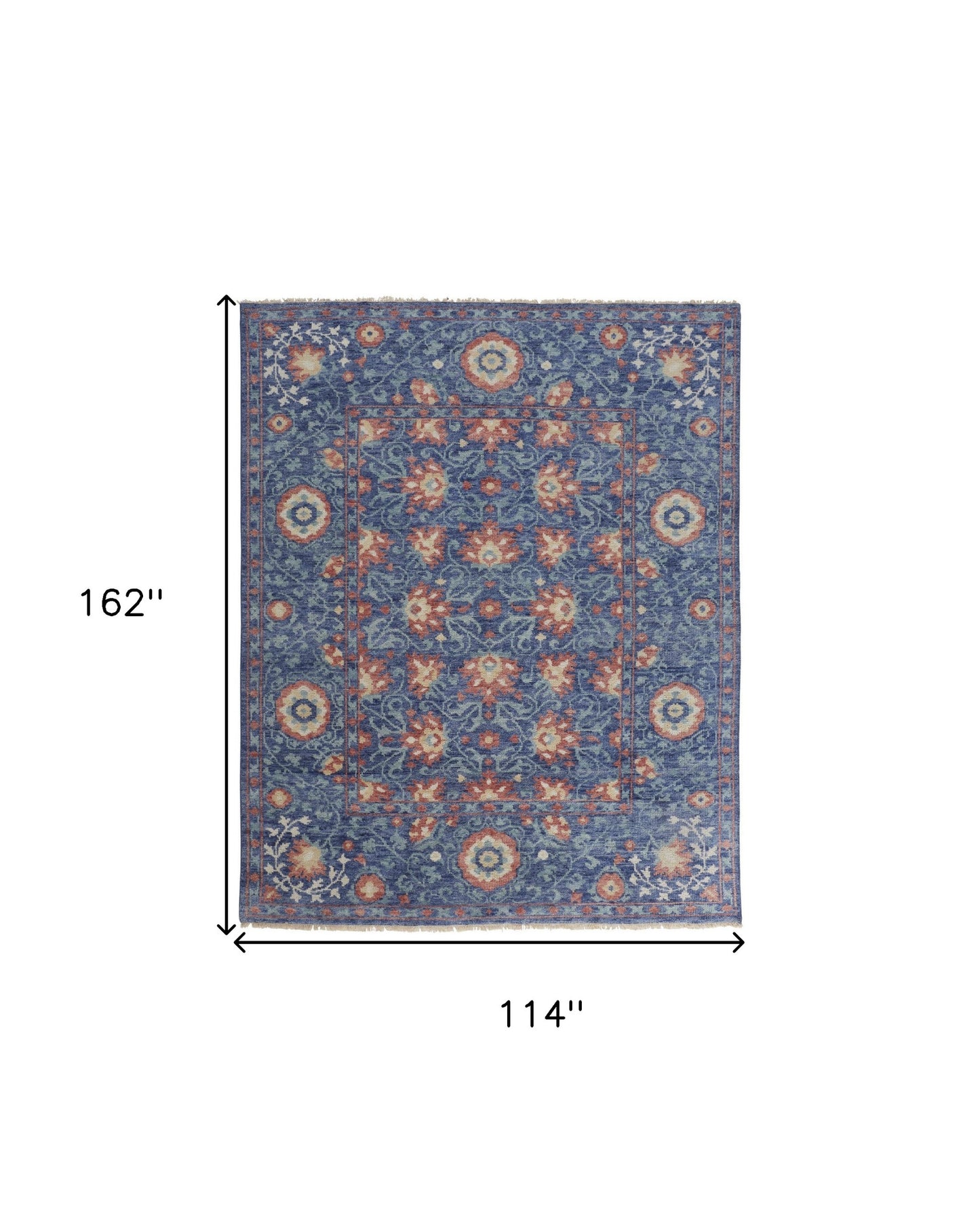 10' X 13' Blue And Red Wool Floral Hand Knotted Stain Resistant Area Rug