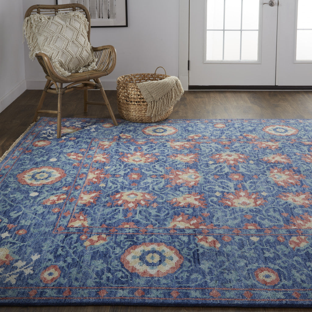 10' X 13' Blue And Red Wool Floral Hand Knotted Stain Resistant Area Rug