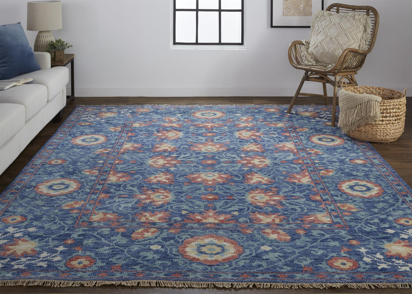 10' X 13' Blue And Red Wool Floral Hand Knotted Stain Resistant Area Rug