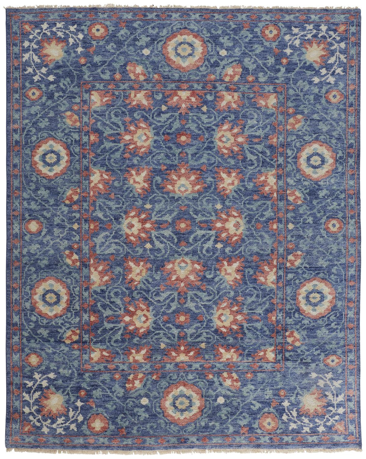 10' X 13' Blue And Red Wool Floral Hand Knotted Stain Resistant Area Rug