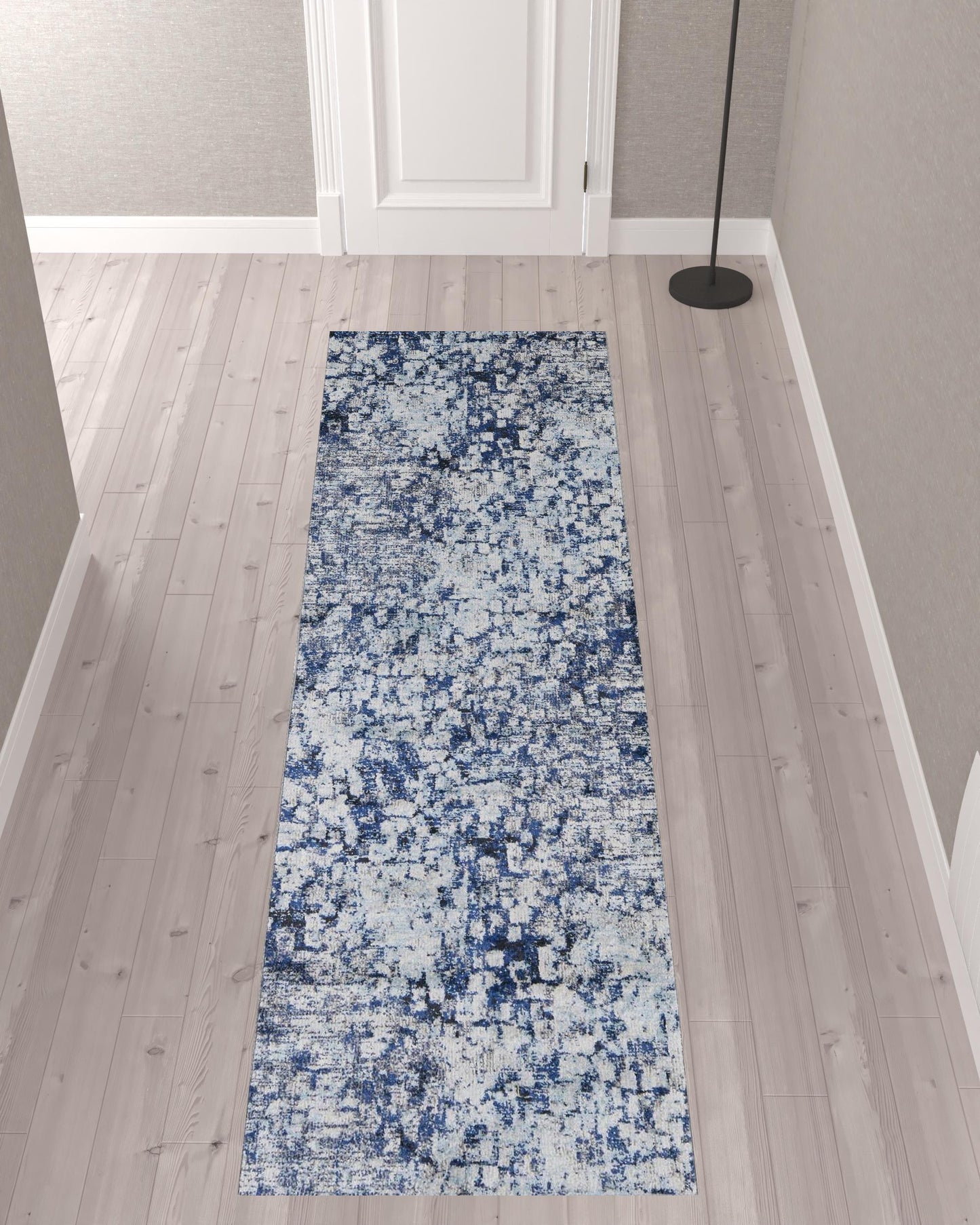 10' Blue and Ivory Abstract Power Loom Distressed Runner Rug