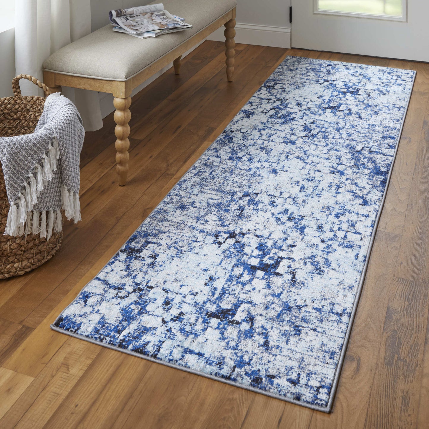 10' Blue and Ivory Abstract Power Loom Distressed Runner Rug