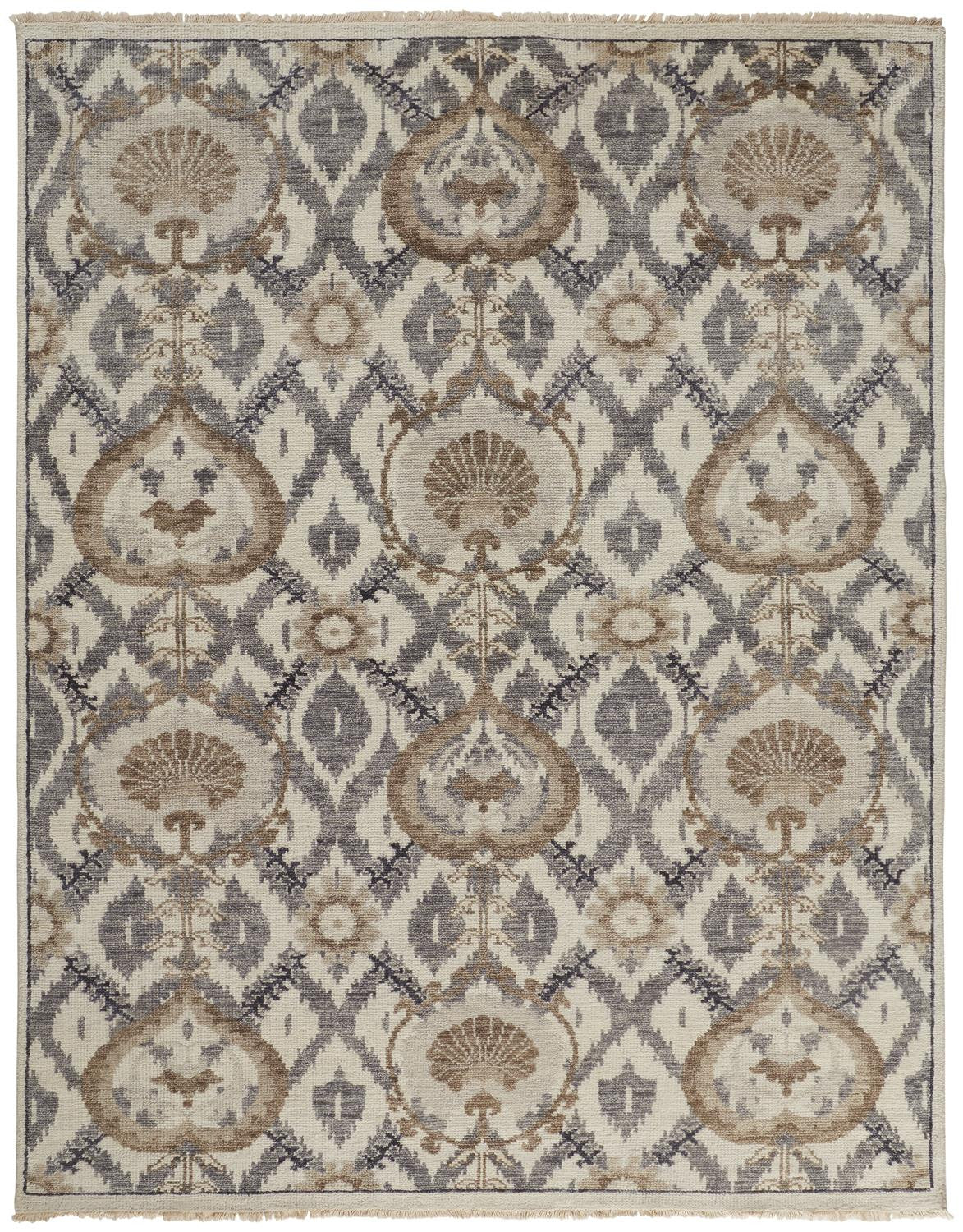 10' X 13' Ivory Gray And Taupe Wool Floral Hand Knotted Stain Resistant Area Rug