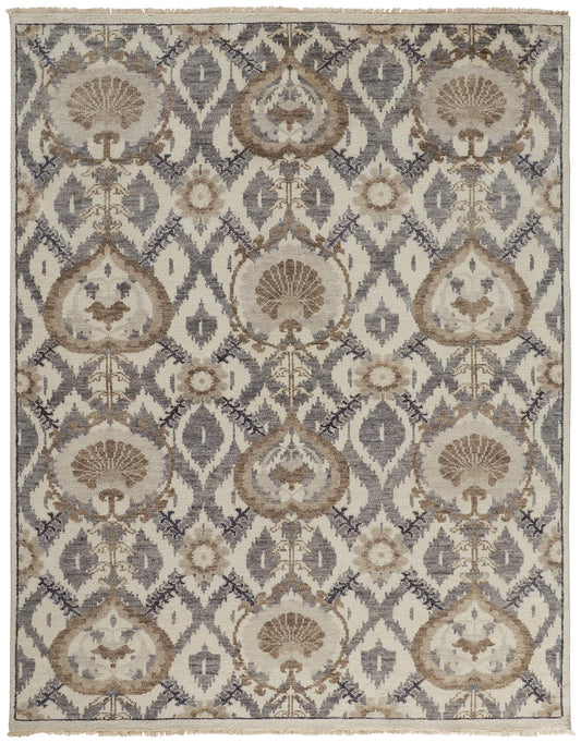 10' X 13' Ivory Gray And Taupe Wool Floral Hand Knotted Stain Resistant Area Rug