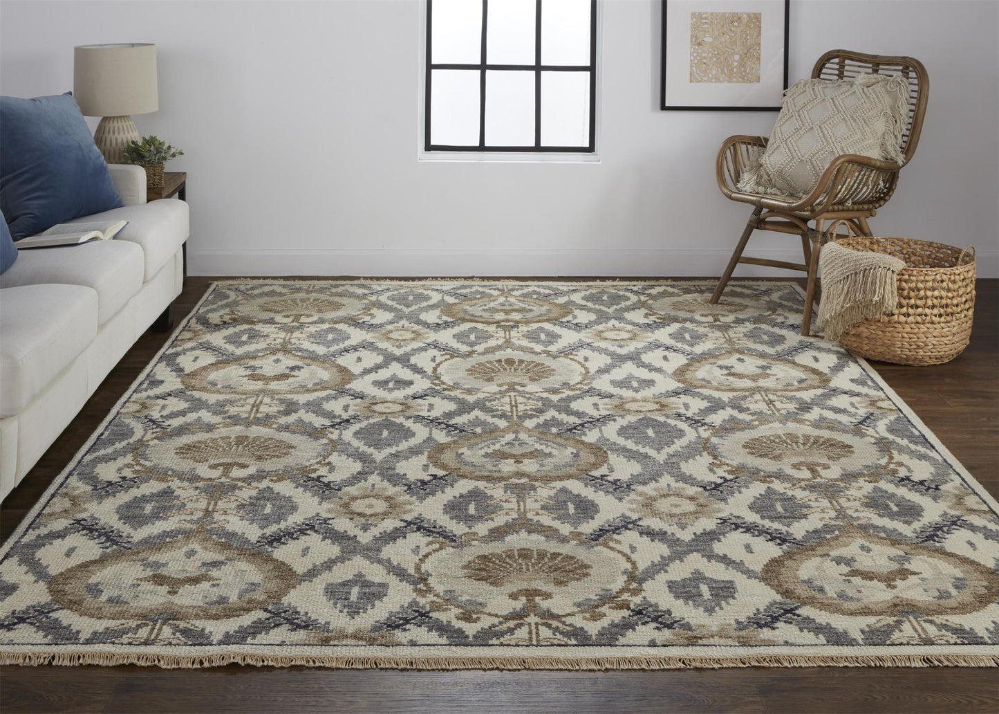 10' X 13' Ivory Gray And Taupe Wool Floral Hand Knotted Stain Resistant Area Rug