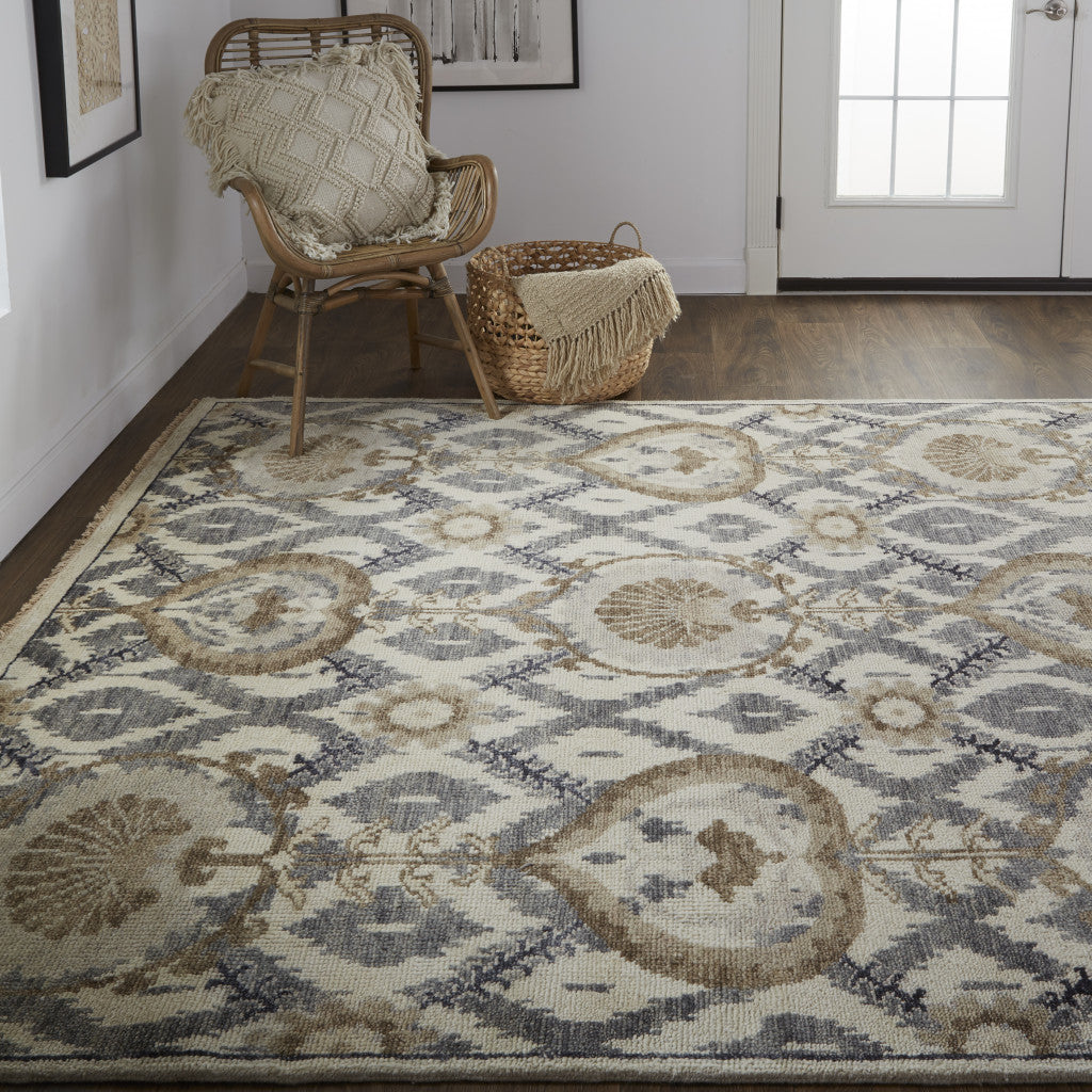 10' X 13' Ivory Gray And Taupe Wool Floral Hand Knotted Stain Resistant Area Rug