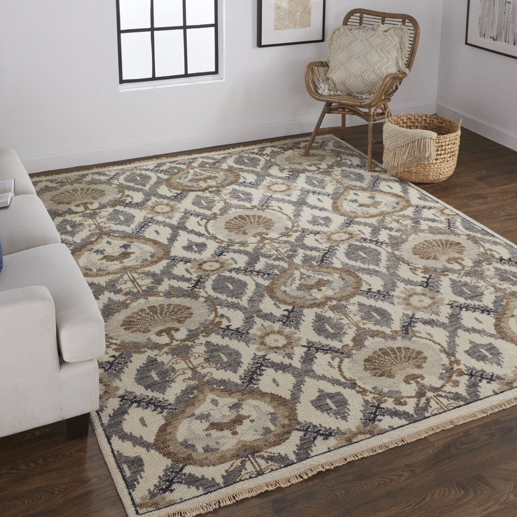 10' X 13' Ivory Gray And Taupe Wool Floral Hand Knotted Stain Resistant Area Rug