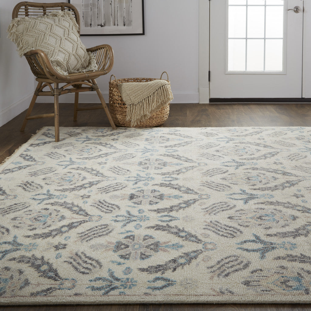 12' X 15' Ivory Gray And Blue Wool Floral Hand Knotted Stain Resistant Area Rug