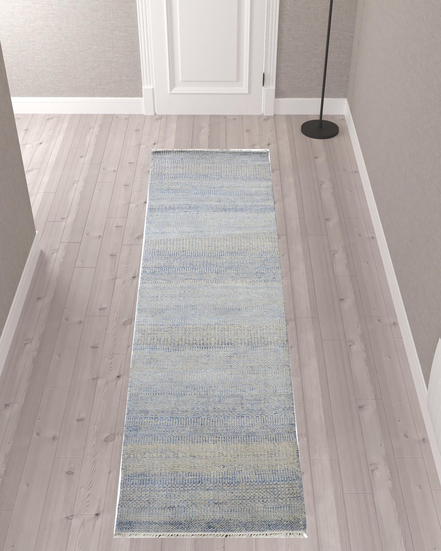 10' Blue and Silver Wool Striped Hand KNotted Runner Rug