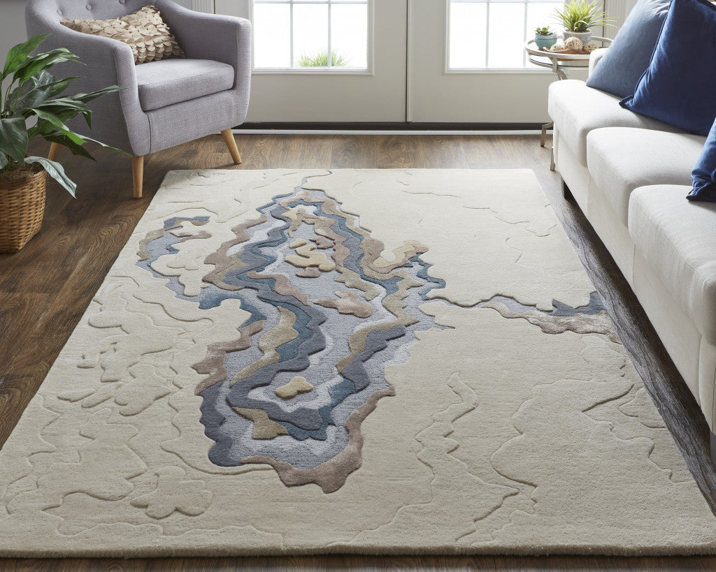 10' X 14' Tan Brown And Blue Wool Abstract Tufted Handmade Area Rug