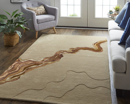 10' X 14' Tan And Orange Wool Abstract Tufted Handmade Area Rug
