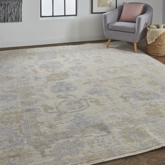 10' X 14' Tan Orange And Blue Floral Hand Knotted Stain Resistant Area Rug