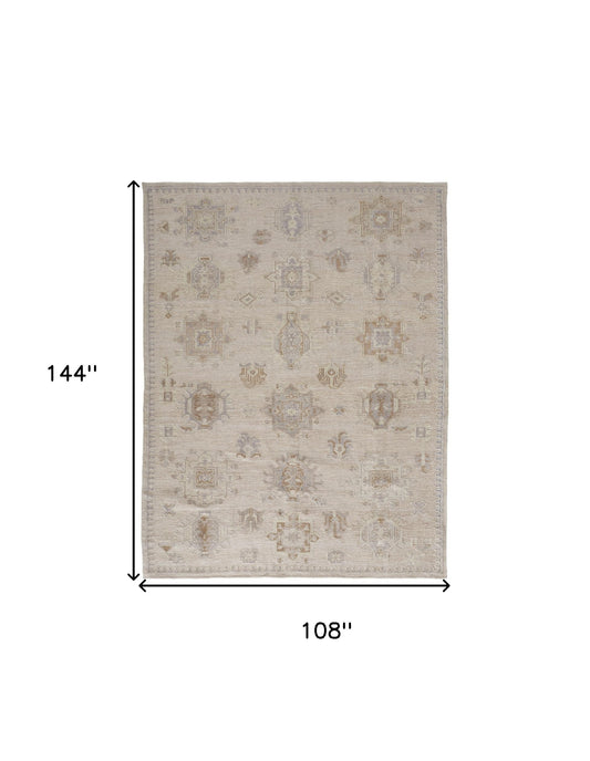 9' X 12' Tan And Brown Floral Hand Knotted Stain Resistant Area Rug