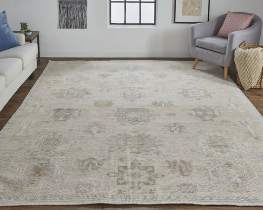 9' X 12' Tan And Brown Floral Hand Knotted Stain Resistant Area Rug