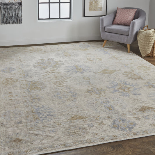 9' X 12' Ivory Tan And Blue Floral Hand Knotted Stain Resistant Area Rug